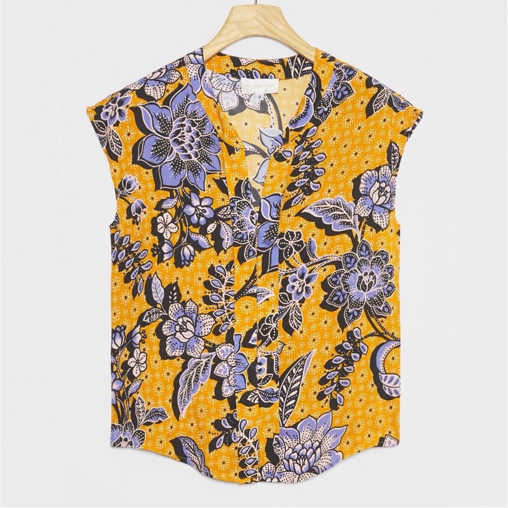 Anthropologie Corey Lynn Calter Gia Floral Blouse Mustard Blue XS